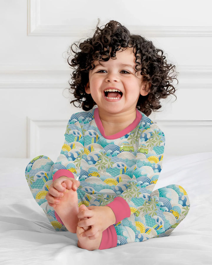 Coastal Road Trip Waves Surf Bamboo Two Piece Long Sleeve Pajama Set