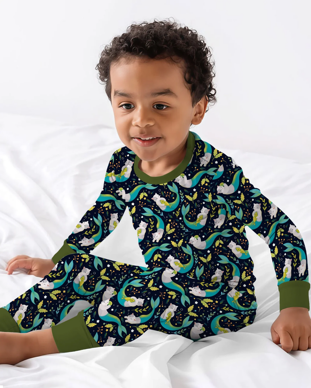 Midnight Mermaid Cats Bamboo Two Piece Long Sleeve Pajama Set
