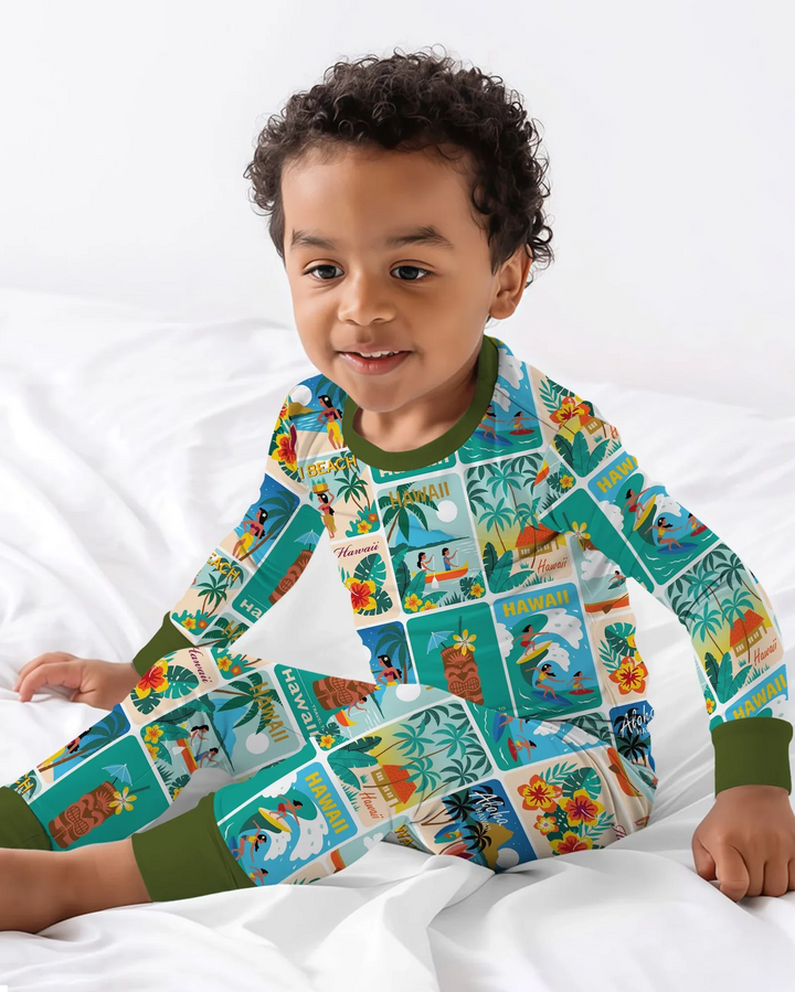 Aloha Postcard Paradise Bamboo Two Piece Long Sleeve Pajama Set