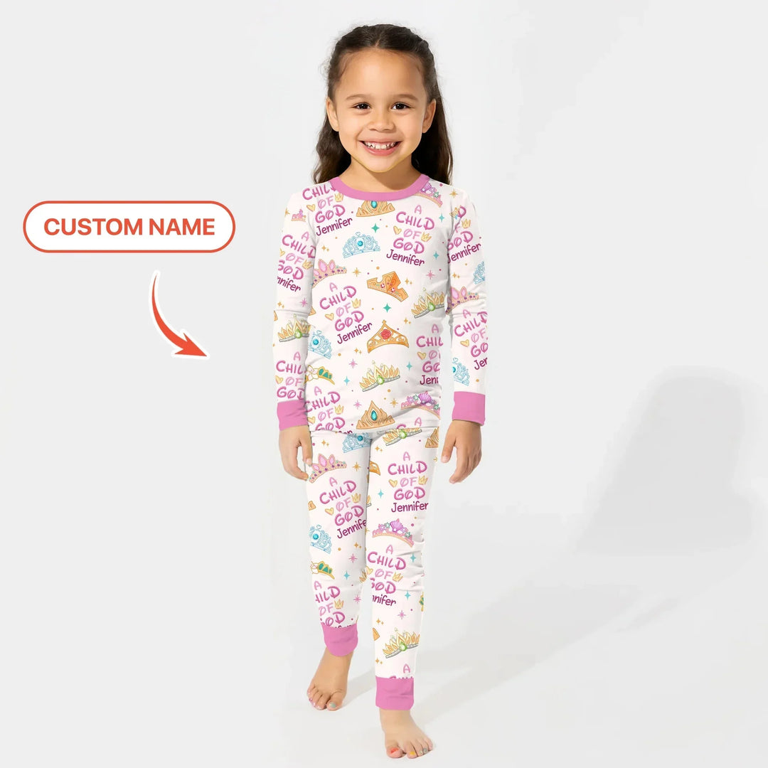 Princess A Child Of God Custom Name Two Piece Long Sleeve Pajama Set , Princess A Child Of God Custom Name Two Piece Long Sleeve Pajama Set - 12-18M
