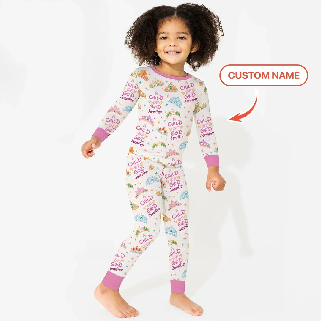 Princess A Child Of God Custom Name Two Piece Long Sleeve Pajama Set , Princess A Child Of God Custom Name Two Piece Long Sleeve Pajama Set - 12-18M