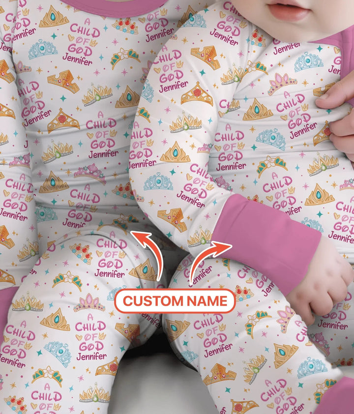 Princess A Child Of God Custom Name Two Piece Long Sleeve Pajama Set , Princess A Child Of God Custom Name Two Piece Long Sleeve Pajama Set - 12-18M