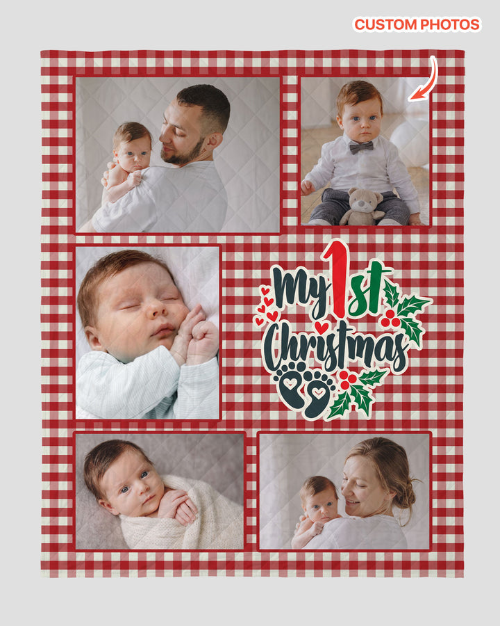 Custom Photo Collage My 1st Christmas Bamboo Quilt Blanket