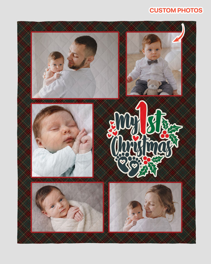 Custom Photo Collage My 1st Christmas Bamboo Quilt Blanket