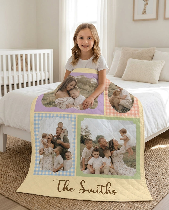 Custom Photo Gingham Family Bamboo Quilt Blanket