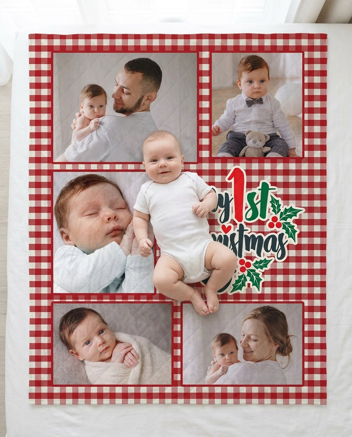 Custom Photo Collage My 1st Christmas Bamboo Quilt Blanket