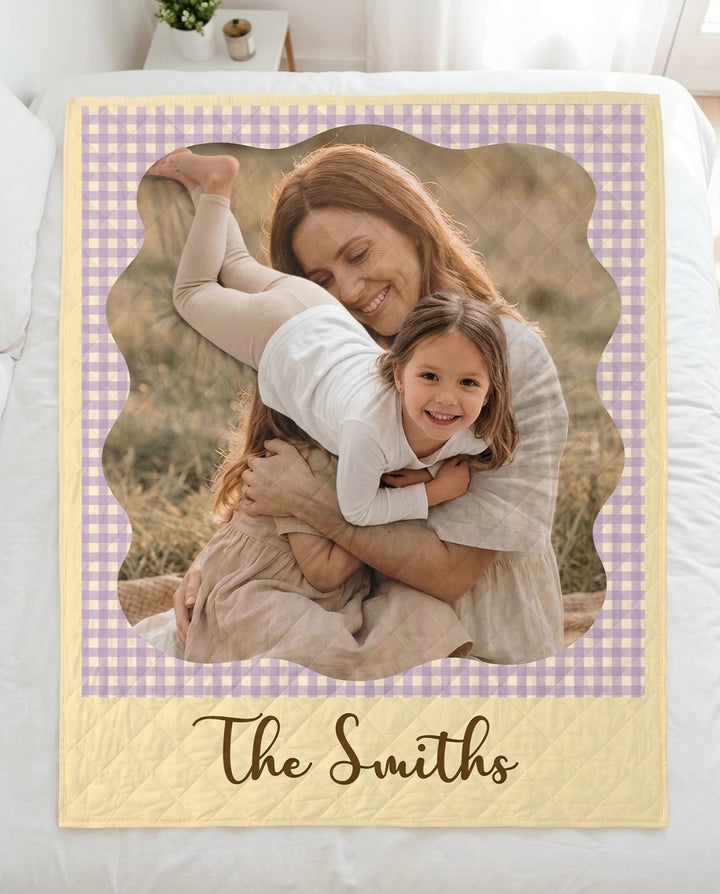 Custom Photo Gingham Family Bamboo Quilt Blanket