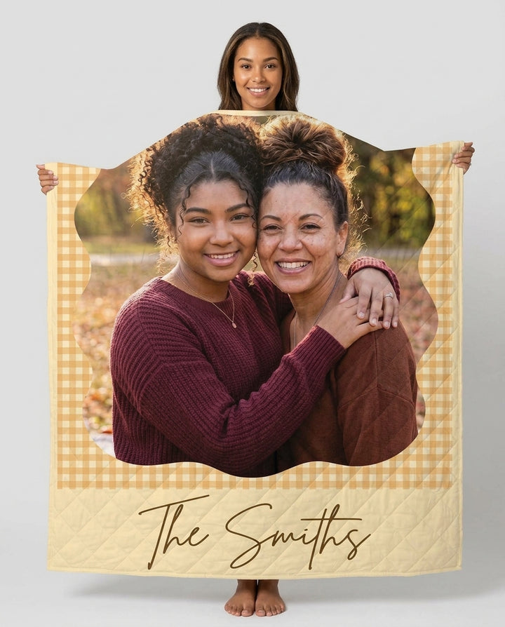 Custom Photo Gingham Family Bamboo Quilt Blanket