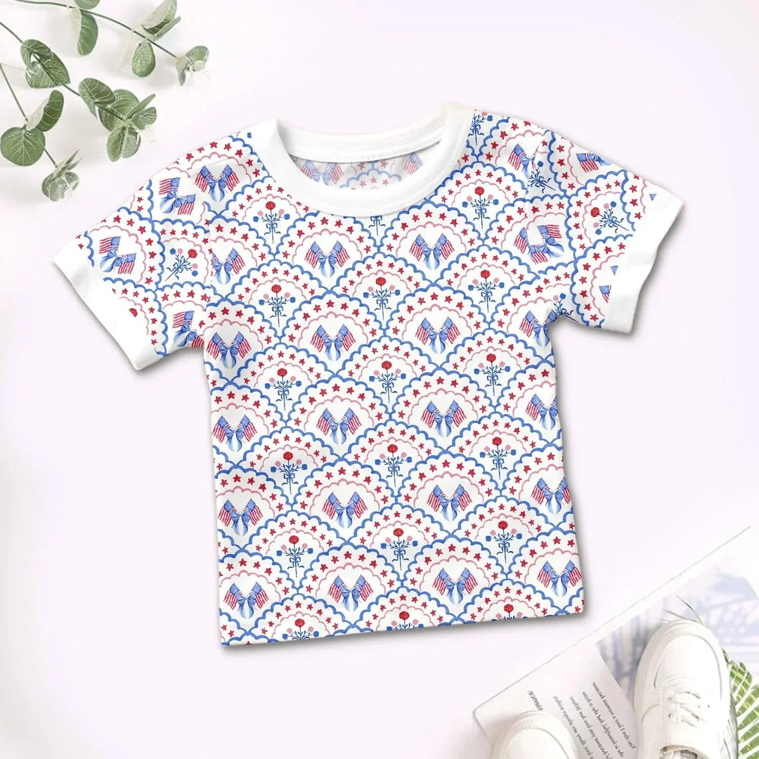 Red White and Blue Scalloped Two Piece Short Sleeve Pajama Set , Red White and Blue Scalloped Two Piece Short Sleeve Pajama Set - 12-18M