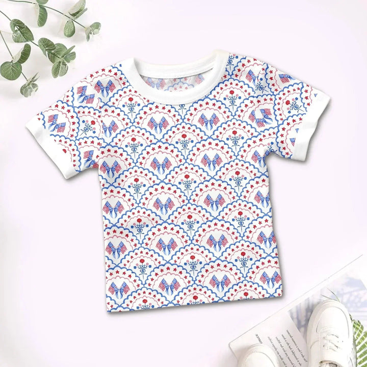 Red White and Blue Scalloped Two Piece Short Sleeve Pajama Set , Red White and Blue Scalloped Two Piece Short Sleeve Pajama Set - 12-18M