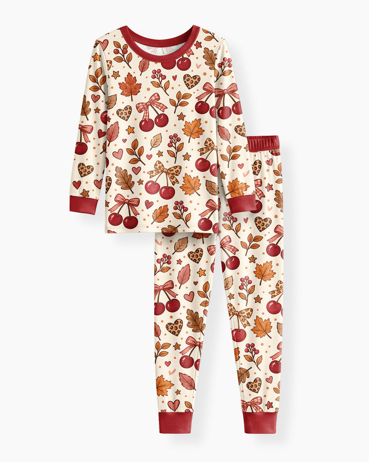 Coquette Bow Cherry Fall Leopard Bamboo Two Piece Long Sleeve Pajama Set