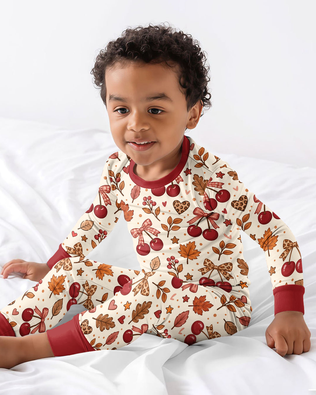 Coquette Bow Cherry Fall Leopard Bamboo Two Piece Long Sleeve Pajama Set