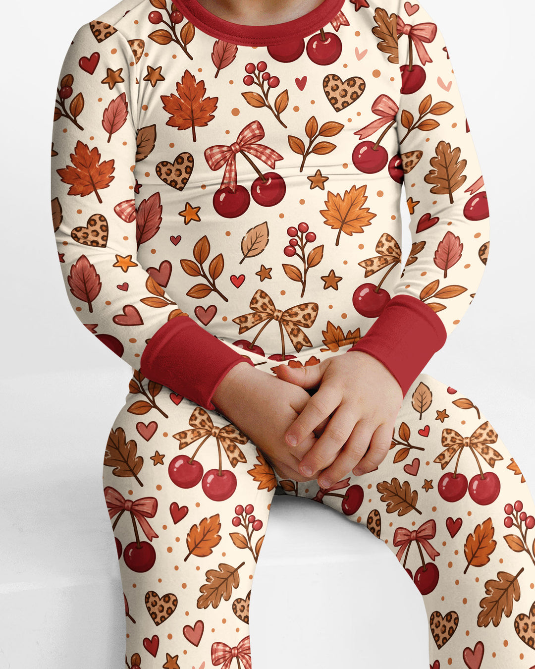 Coquette Bow Cherry Fall Leopard Bamboo Two Piece Long Sleeve Pajama Set