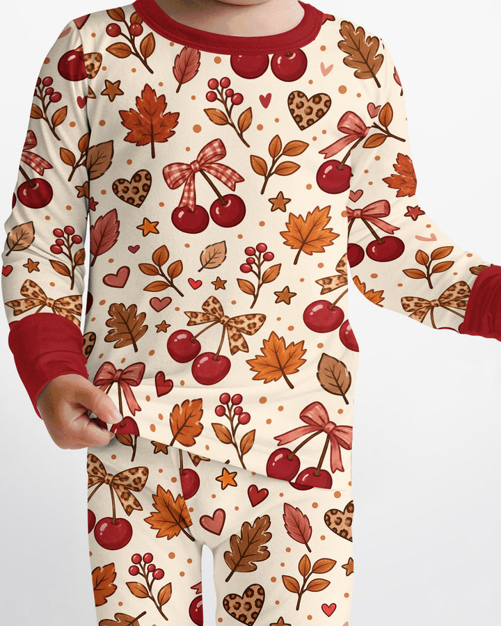 Coquette Bow Cherry Fall Leopard Bamboo Two Piece Long Sleeve Pajama Set
