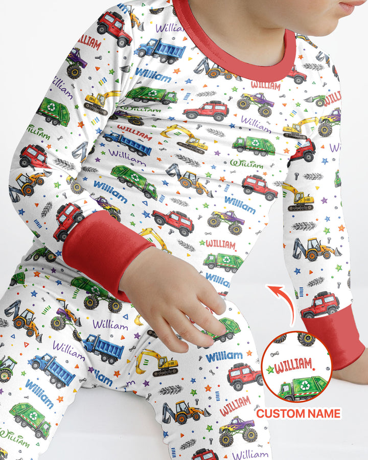 Cars And Trucks Parade Custom Name Bamboo Two Piece Long Sleeve Pajama Set