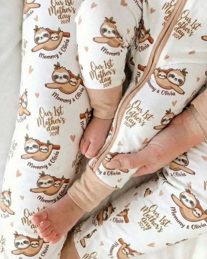 Custom Name Mama & Baby Sloth – Our First Mother’s Day 2026 Bamboo Convertible Zippy