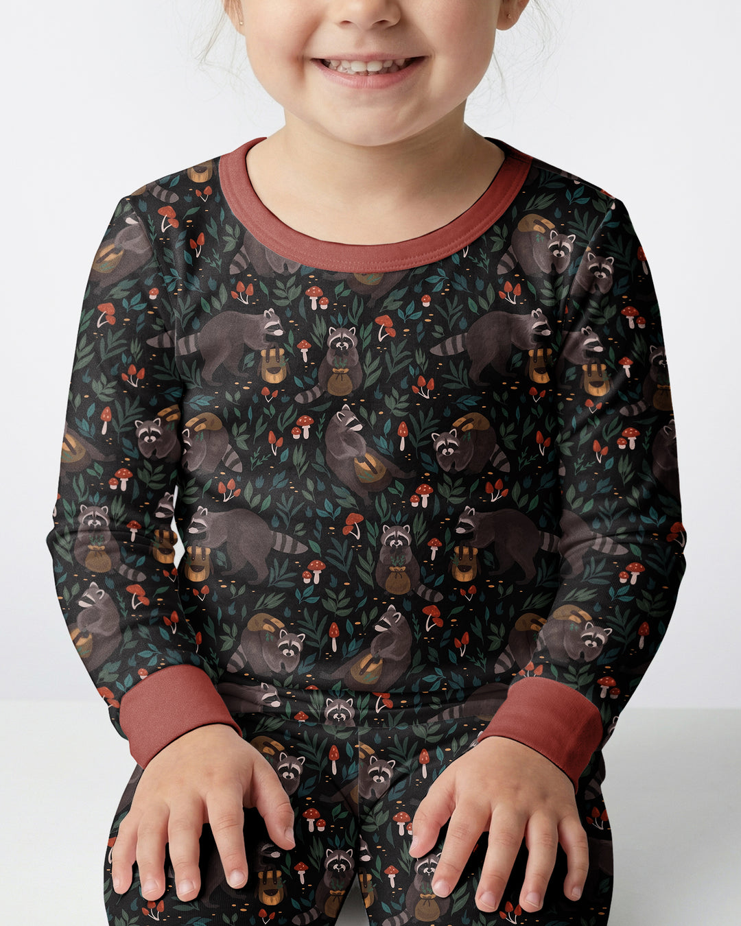Raccoon And Whimsical Mushroom Bamboo Two Piece Long Sleeve Pajama Set