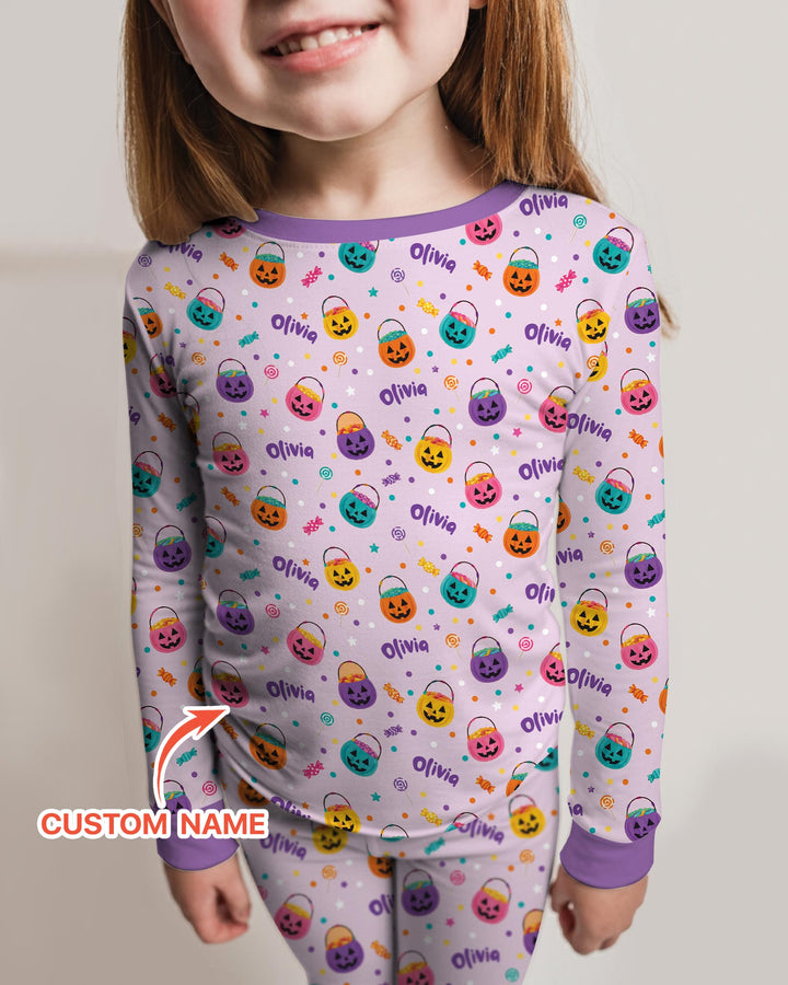 Custom Colorful Trick Or Treat Halloween Candy Bag Bamboo Two Piece Long Sleeve Pajama Set