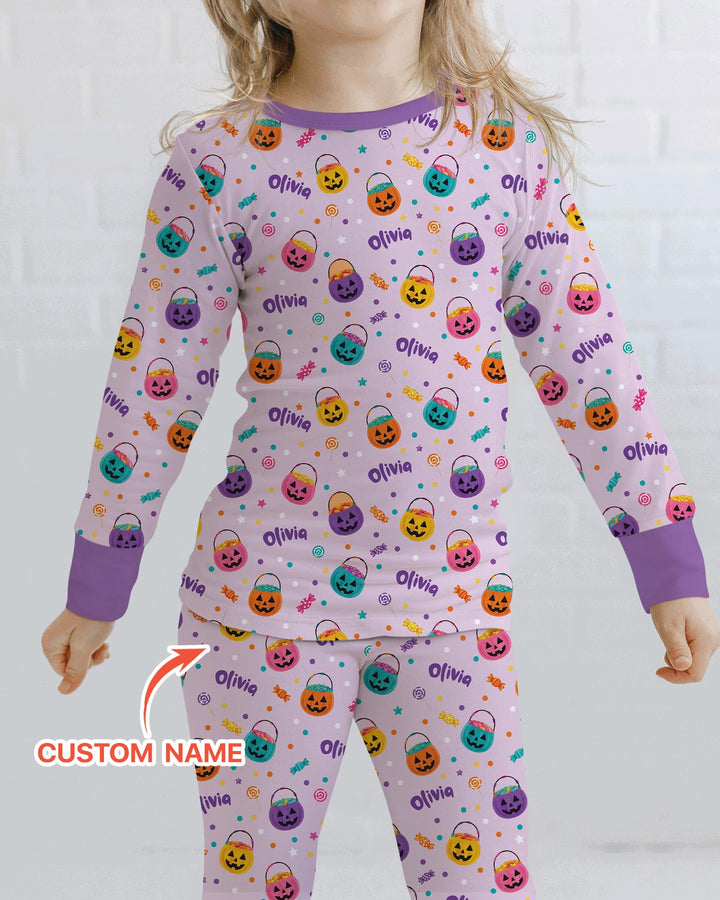 Custom Colorful Trick Or Treat Halloween Candy Bag Bamboo Two Piece Long Sleeve Pajama Set