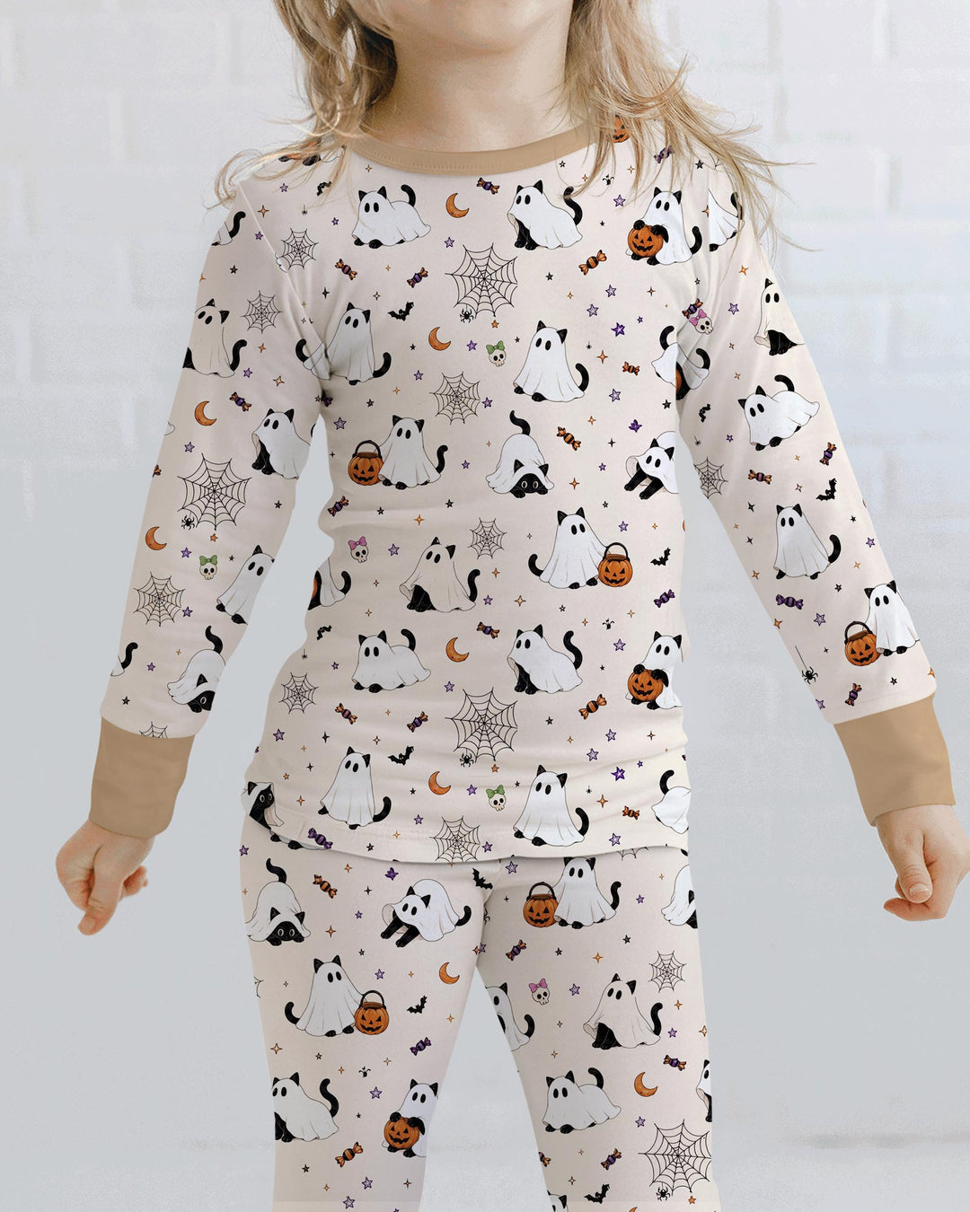 Ghost Cat Vintage Halloween Bamboo Two Piece Long Sleeve Pajama Set