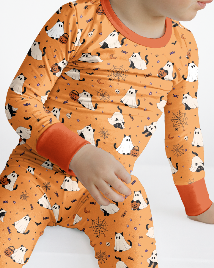 Ghost Cat Vintage Halloween Bamboo Two Piece Long Sleeve Pajama Set
