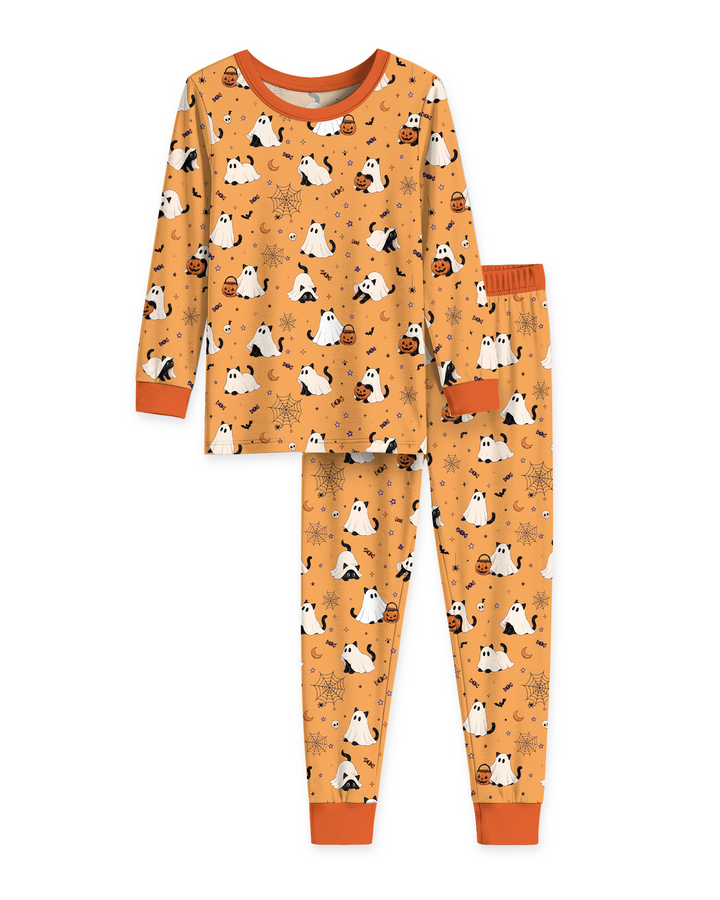 Ghost Cat Vintage Halloween Bamboo Two Piece Long Sleeve Pajama Set