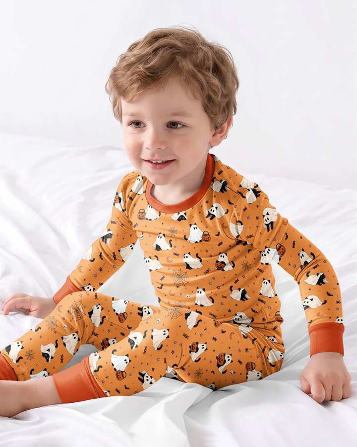 Ghost Cat Vintage Halloween Bamboo Two Piece Long Sleeve Pajama Set
