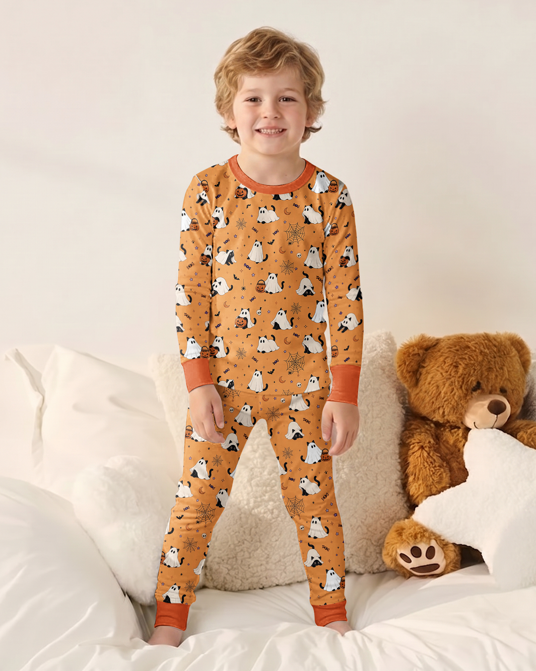 Ghost Cat Vintage Halloween Bamboo Two Piece Long Sleeve Pajama Set