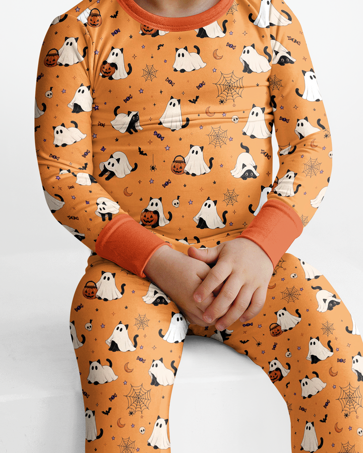 Ghost Cat Vintage Halloween Bamboo Two Piece Long Sleeve Pajama Set