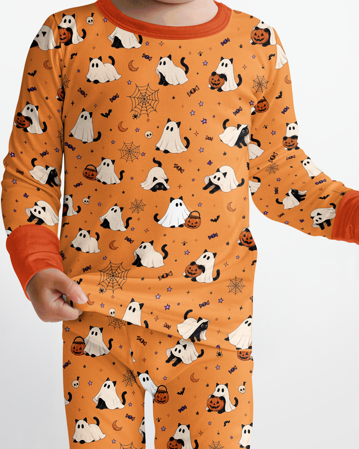 Ghost Cat Vintage Halloween Bamboo Two Piece Long Sleeve Pajama Set