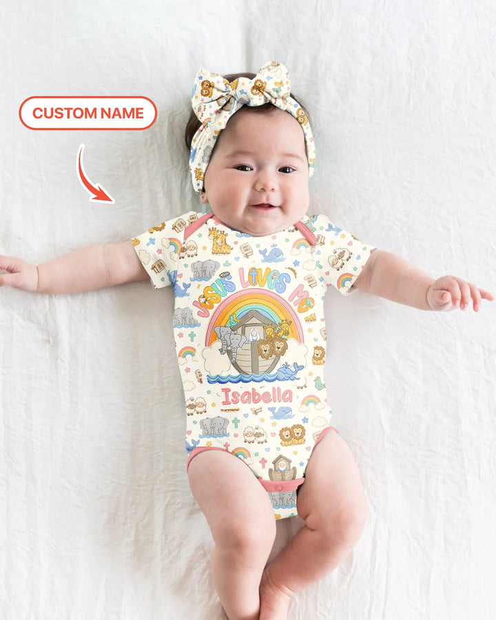 Custom Name Noah's Ark Jesus Loves Me Bamboo Bodysuit