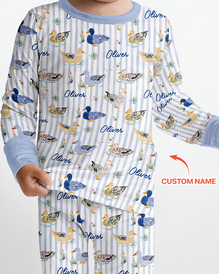 Whimsical Duck Custom Name Bamboo Two Piece Long Sleeve Pajama Set