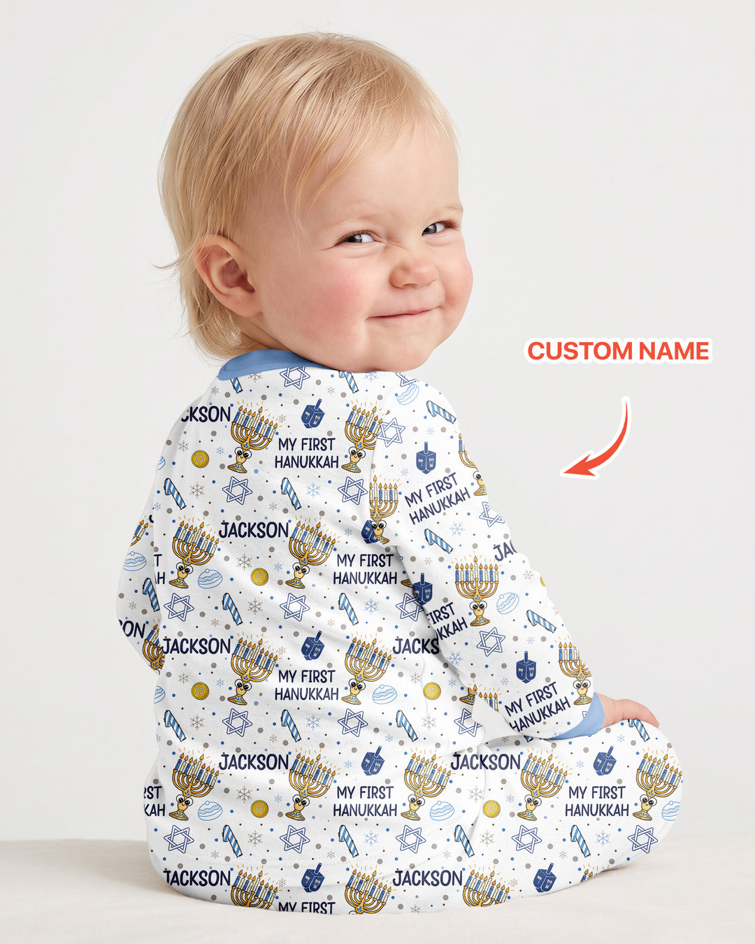Custom Name Doodle Dreidel First Hanukkah Bamboo Two Piece Long Sleeve Pajama Set