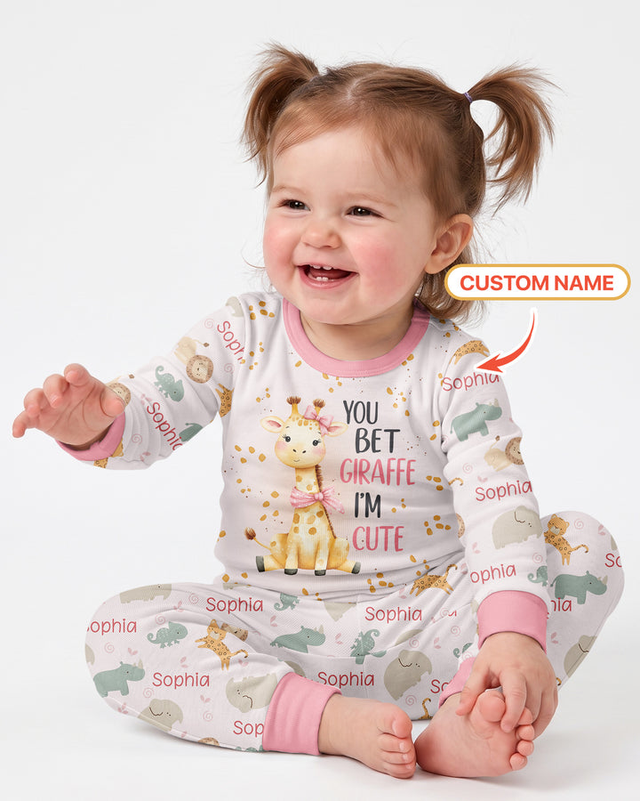 You Bet Giraffe I'm Cute Custom Name Bamboo Two Piece Long Sleeve Pajama Set