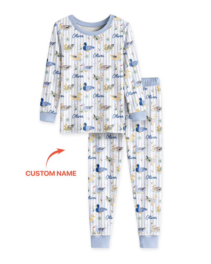 Whimsical Duck Custom Name Bamboo Two Piece Long Sleeve Pajama Set