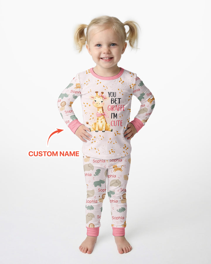 You Bet Giraffe I'm Cute Custom Name Bamboo Two Piece Long Sleeve Pajama Set