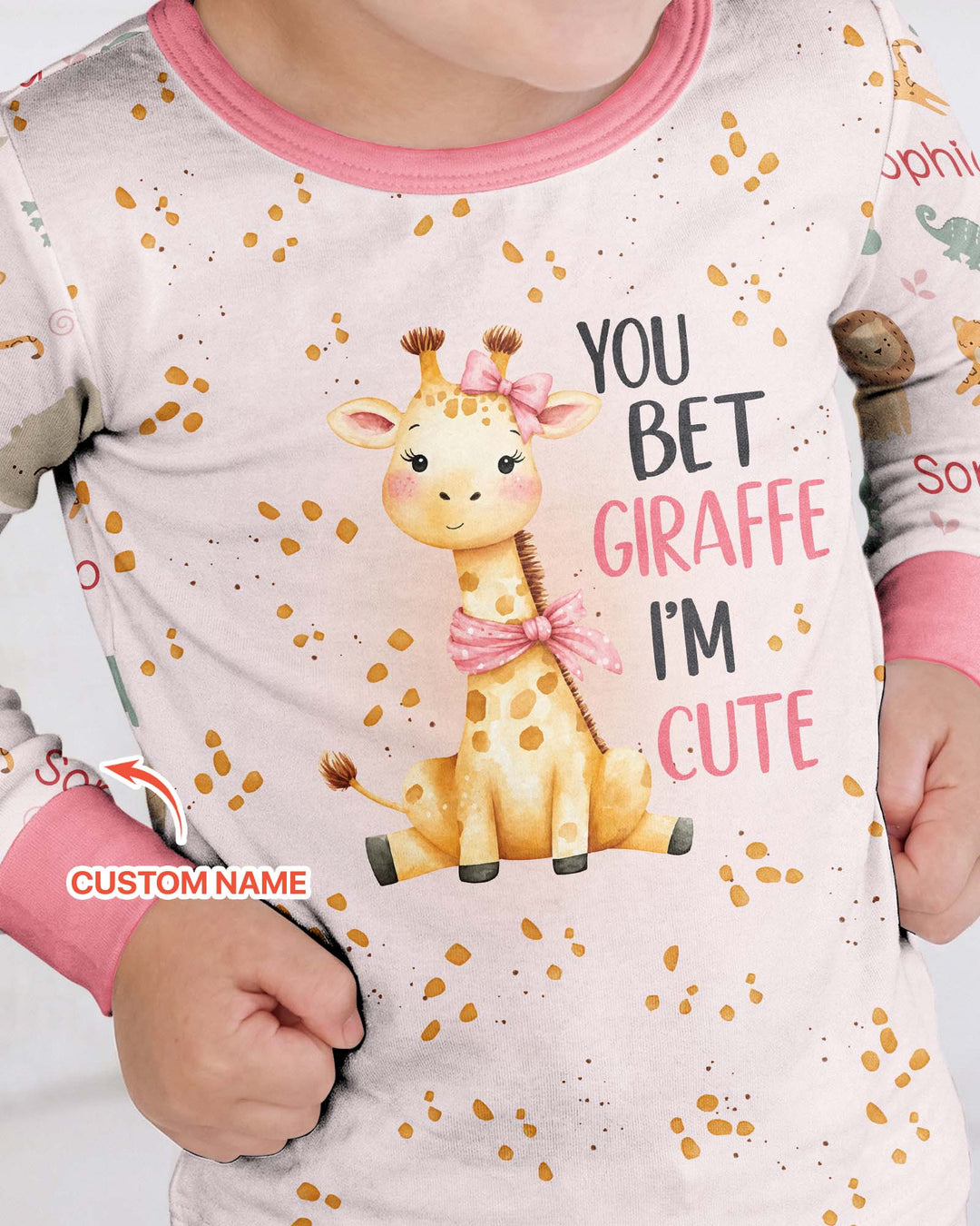 You Bet Giraffe I'm Cute Custom Name Bamboo Two Piece Long Sleeve Pajama Set