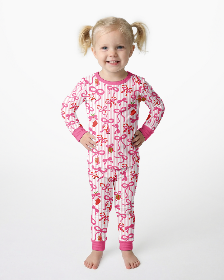 Pink Bow Christmas Magic Bamboo Two Piece Long Sleeve Pajama Set
