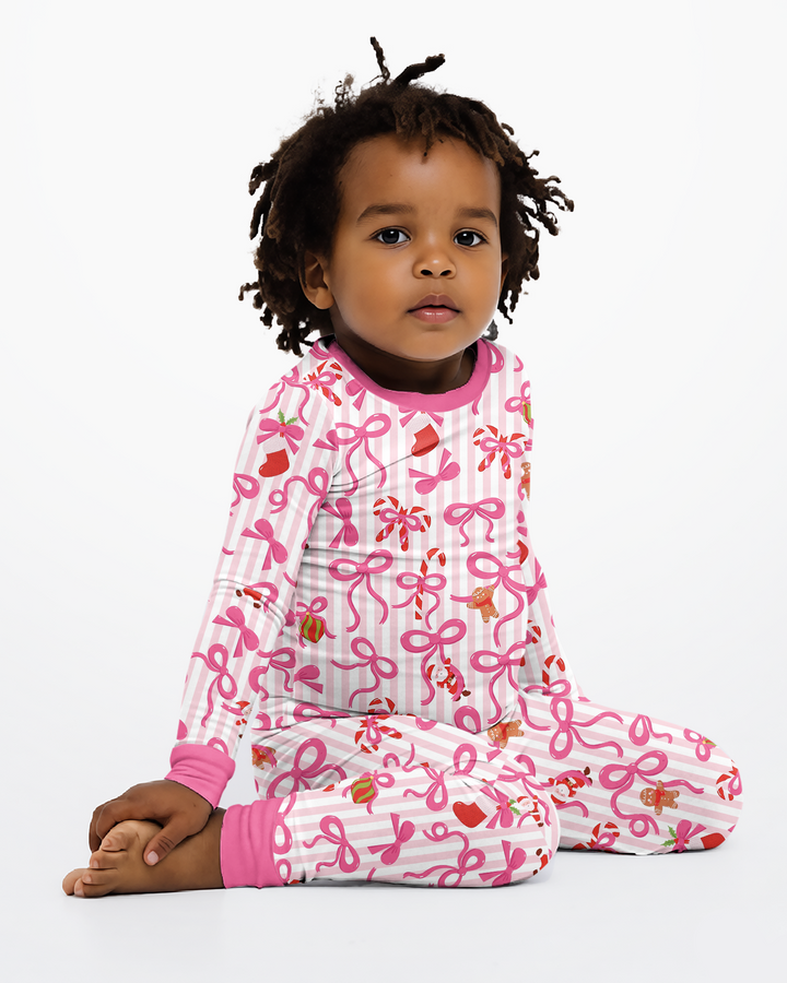 Pink Bow Christmas Magic Bamboo Two Piece Long Sleeve Pajama Set