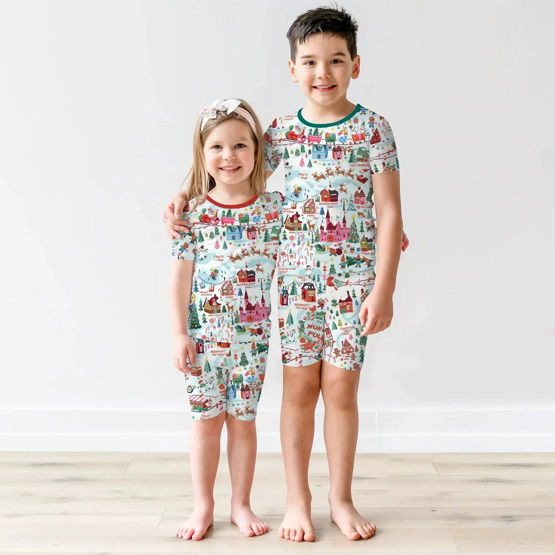 Santa's City Maps Two Piece Short Sleeve Shorts Pajama Set , Santa's City Maps Two Piece Short Sleeve Shorts Pajama Set - 12-18M / Green
