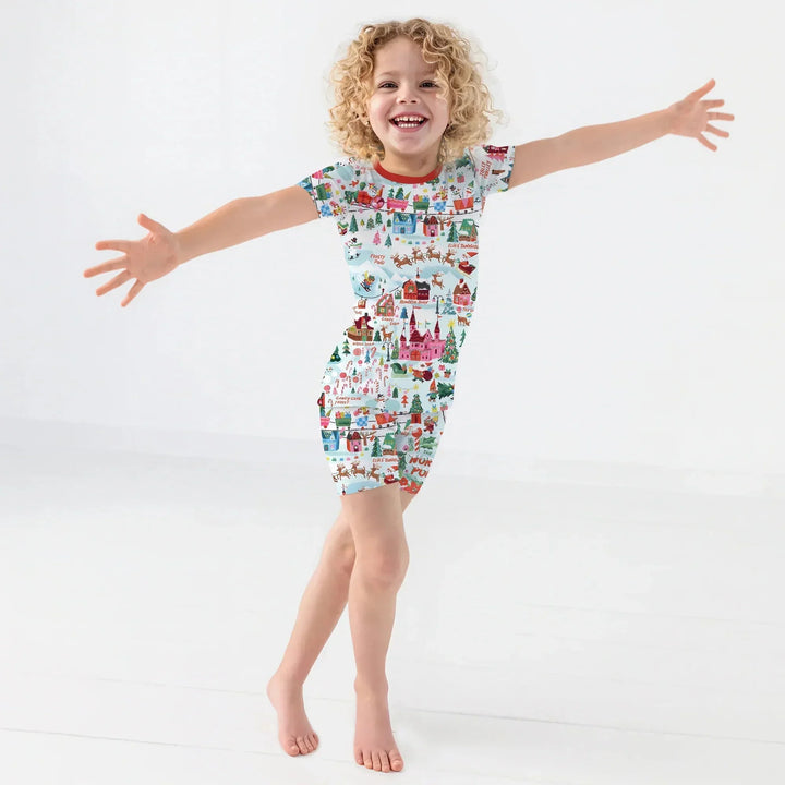 Santa's City Maps Two Piece Short Sleeve Shorts Pajama Set , Santa's City Maps Two Piece Short Sleeve Shorts Pajama Set - 12-18M / Red