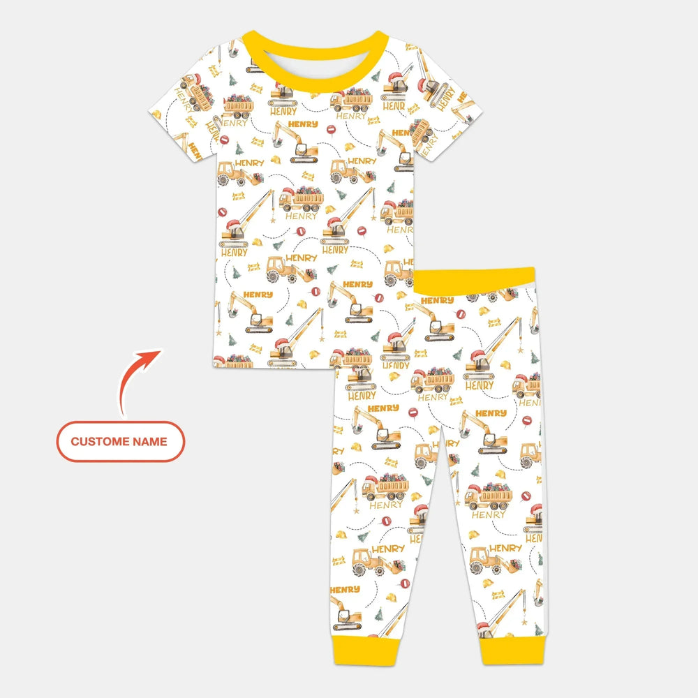 Santa's Little Builders Custom Name Two Piece Short Sleeve Pajama Set , Santa's Little Builders Custom Name Two Piece Short Sleeve Pajama Set - 12-18M