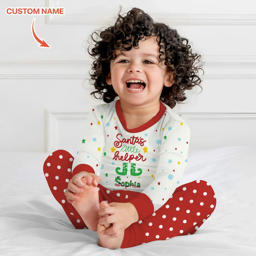 Santa's Little Helper Custom Name Two Piece Long Sleeve Pajama Set , Santa's Little Helper Custom Name Two Piece Long Sleeve Pajama Set - 12-18M
