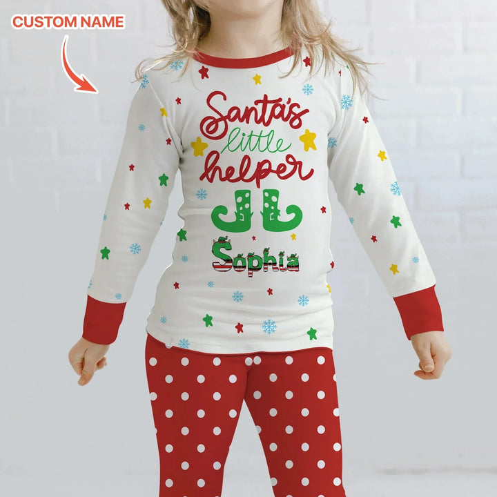 Santa's Little Helper Custom Name Two Piece Long Sleeve Pajama Set , Santa's Little Helper Custom Name Two Piece Long Sleeve Pajama Set - 12-18M