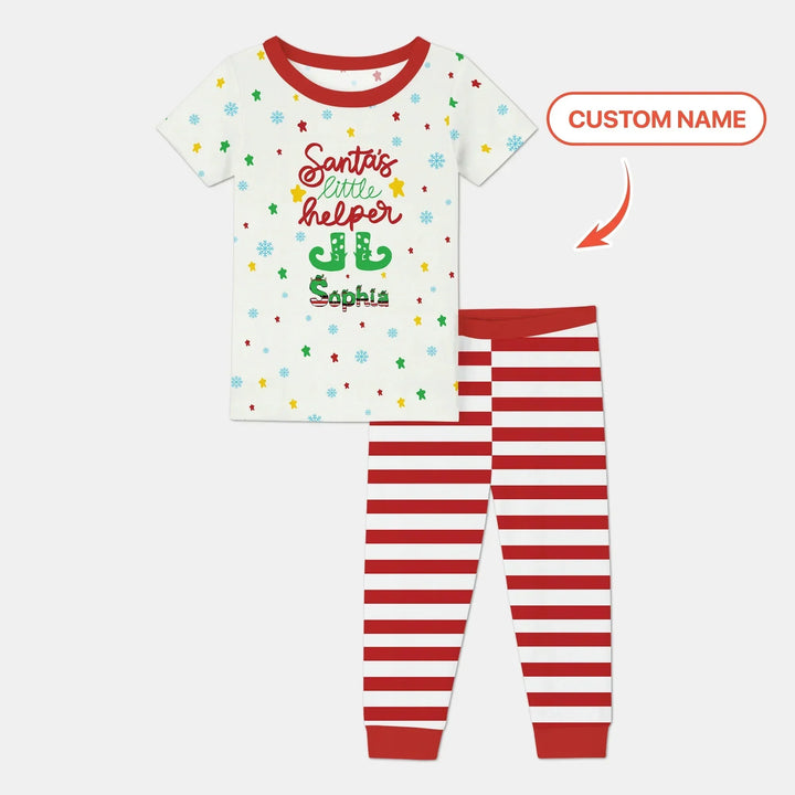 Santa's Little Helper Custom Name Two Piece Short Sleeve Pajama Set , Santa's Little Helper Custom Name Two Piece Short Sleeve Pajama Set - 12-18M