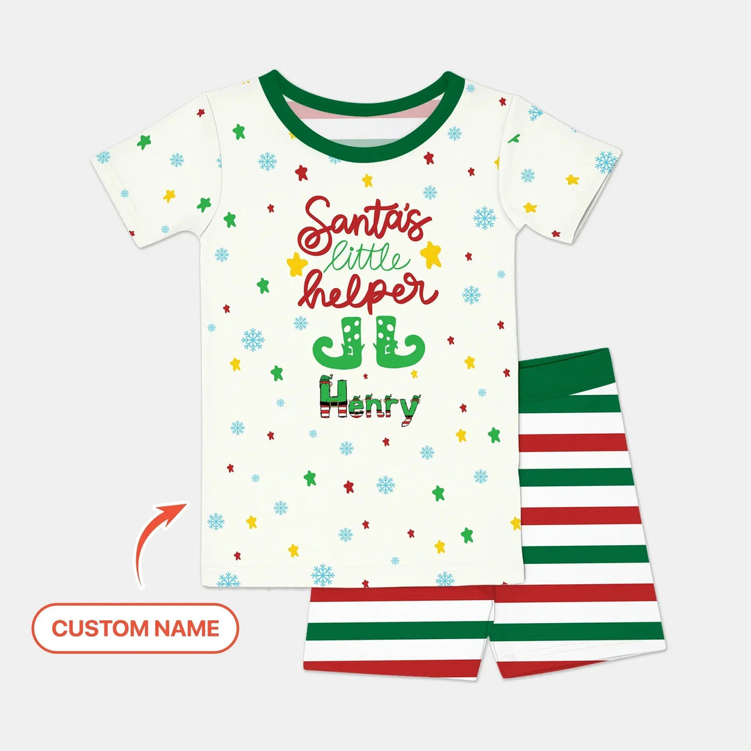 Santa's Little Helper Custom Name Two Piece Short Sleeve Shorts Pajama Set , Santa's Little Helper Custom Name Two Piece Short Sleeve Shorts Pajama Set - 12-18M