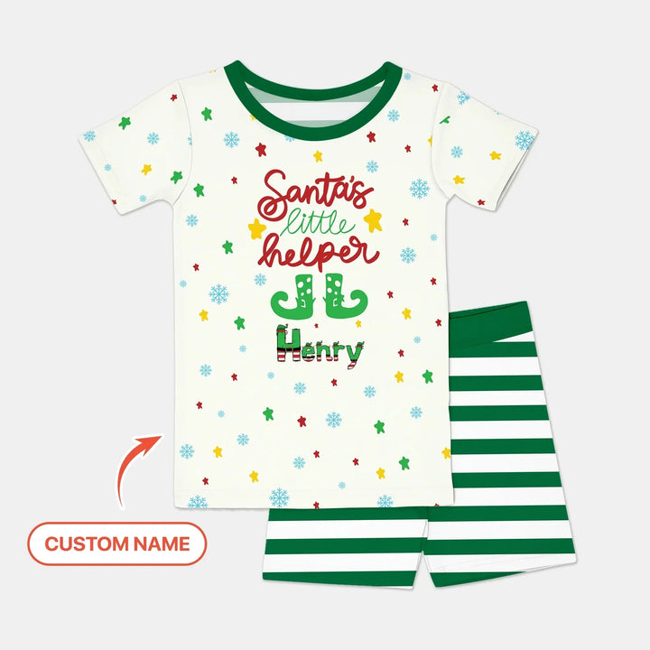 Santa's Little Helper Custom Name Two Piece Short Sleeve Shorts Pajama Set , Santa's Little Helper Custom Name Two Piece Short Sleeve Shorts Pajama Set - 12-18M