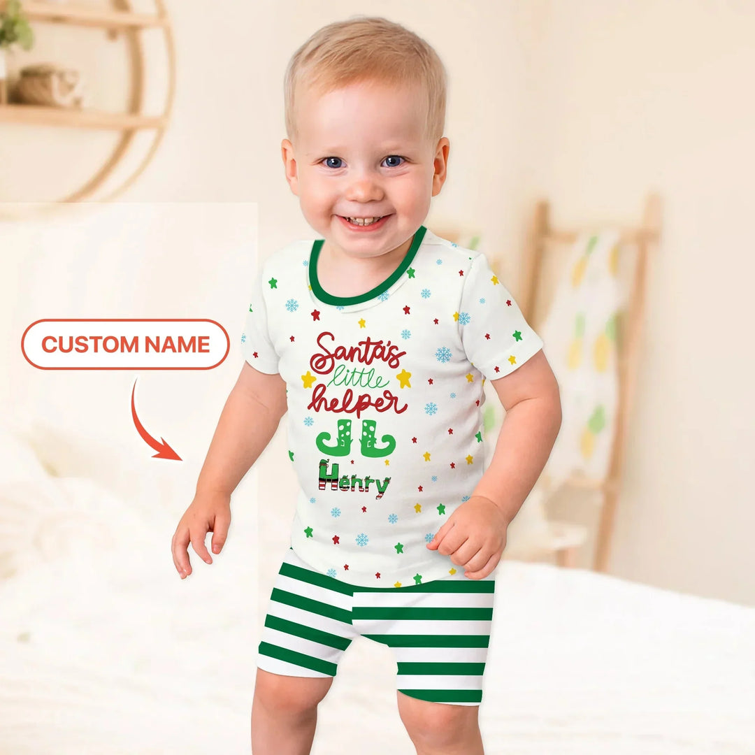 Santa's Little Helper Custom Name Two Piece Short Sleeve Shorts Pajama Set , Santa's Little Helper Custom Name Two Piece Short Sleeve Shorts Pajama Set - 12-18M
