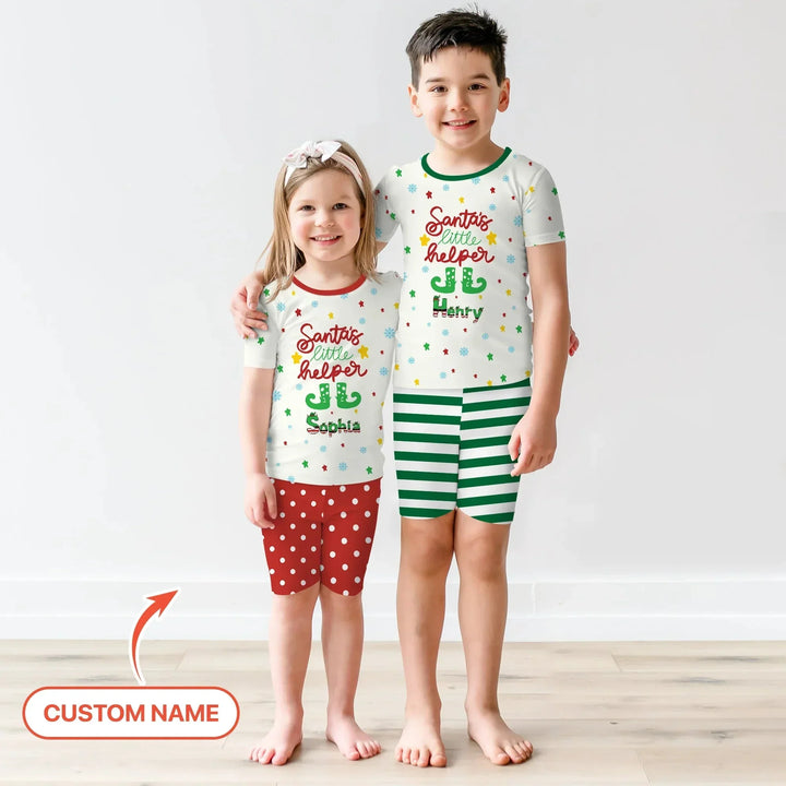Santa's Little Helper Custom Name Two Piece Short Sleeve Shorts Pajama Set , Santa's Little Helper Custom Name Two Piece Short Sleeve Shorts Pajama Set - 12-18M