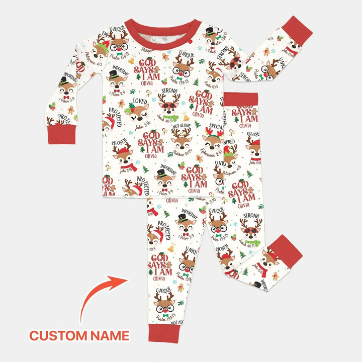 Santa’s Reindeer God Says I Am Custom Name Two Piece Long Sleeve Pajama Set , Santa’s Reindeer God Says I Am Custom Name Two Piece Long Sleeve Pajama Set - 12-18M